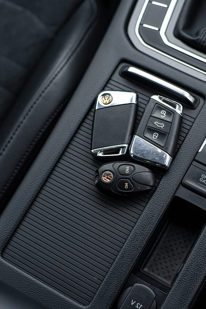 a bunch of car keys sitting on the center console of a car